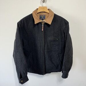 Woolrich Jacket Mens Large Gray Wool Bomber Suede Collar Quilted Lined Vintage